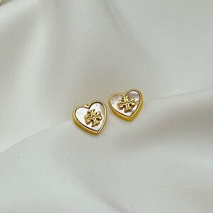 Tory Burch Gold Heart Earrings with Logo